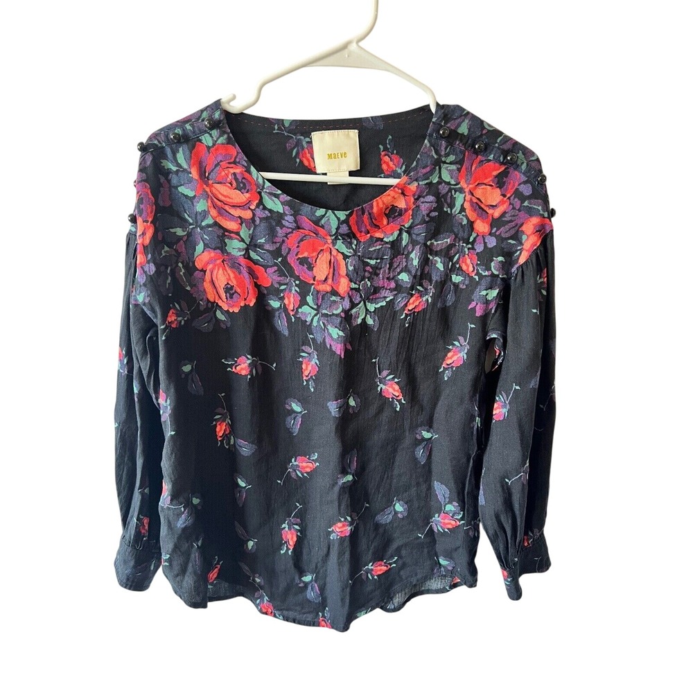 Anthropologie Maeve Black Floral GardeniaButton Shoulder Blouse Size XS